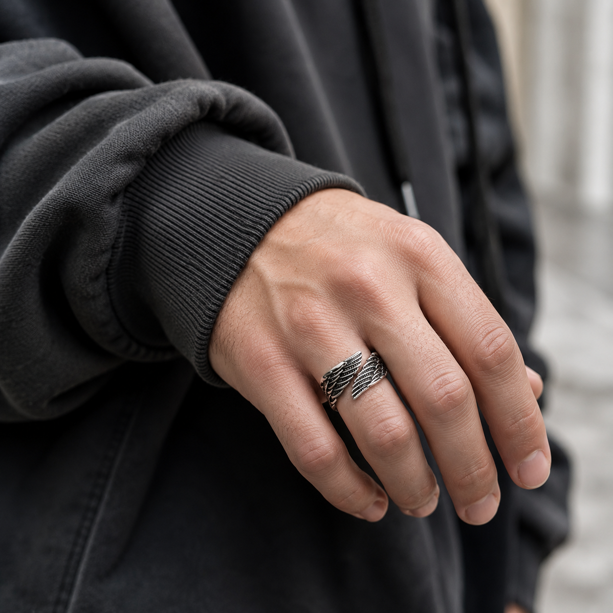 Men's Stainless Steel Angel Wing Adjustable Ring