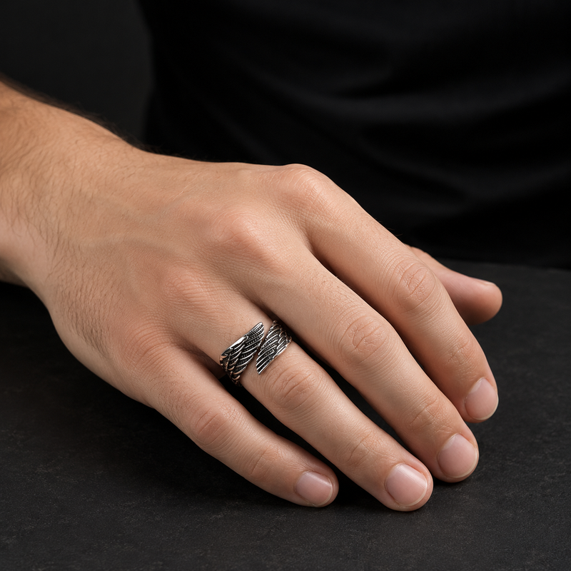 Men's Stainless Steel Angel Wing Adjustable Ring