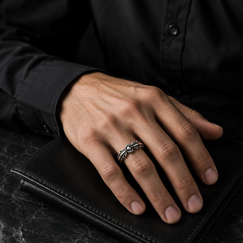 Imperial Floral Adjustable Stainless Steel Ring for Men – Silver Finish