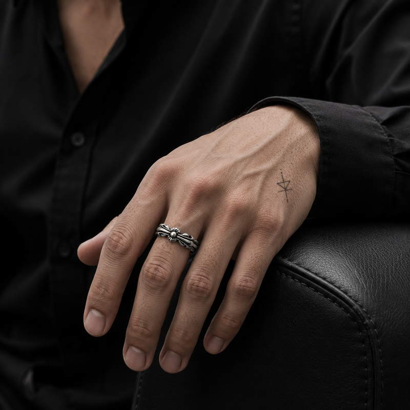 Imperial Floral Adjustable Stainless Steel Ring for Men – Silver Finish