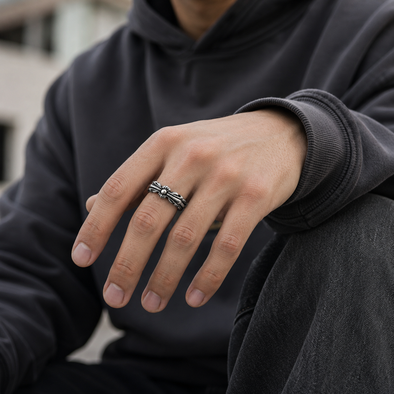 Imperial Floral Adjustable Stainless Steel Ring for Men – Silver Finish