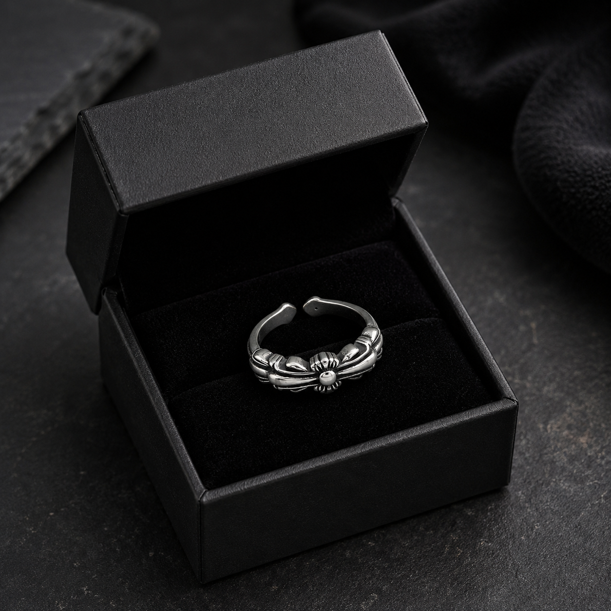 Imperial Floral Adjustable Stainless Steel Ring for Men – Silver Finish