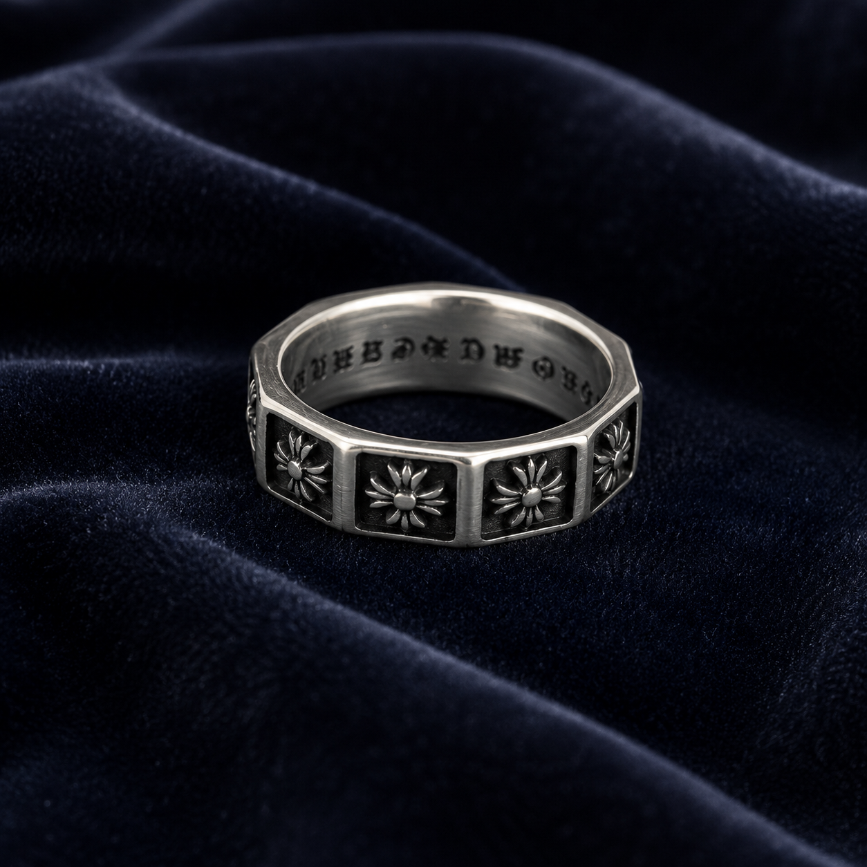 Men's Stainless Steel Floral Gothic Ring – Vintage Silver Octagonal Band