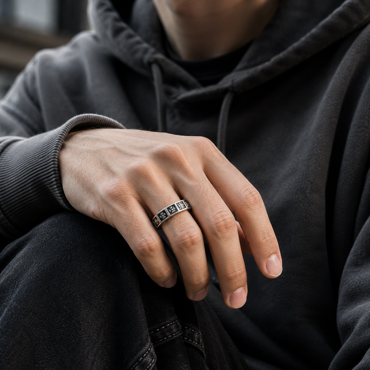 Men's Stainless Steel Floral Gothic Ring – Vintage Silver Octagonal Band