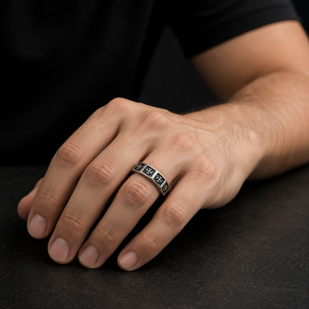Men's Stainless Steel Floral Gothic Ring – Vintage Silver Octagonal Band