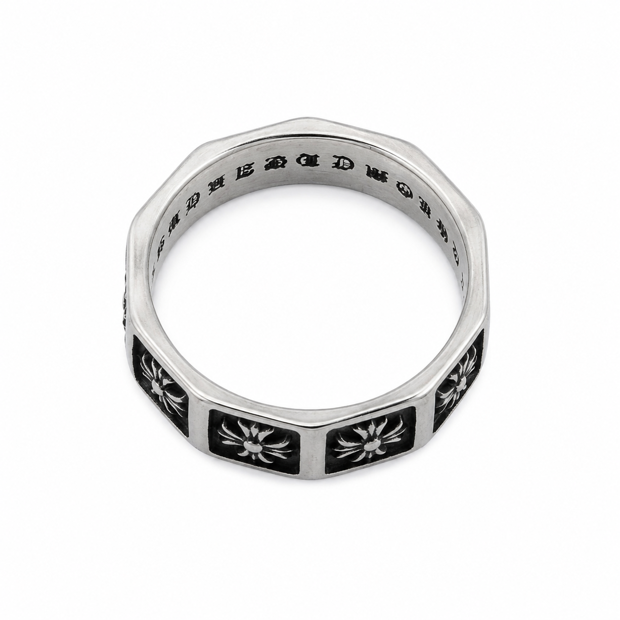 Men's Stainless Steel Floral Gothic Ring – Vintage Silver Octagonal Band