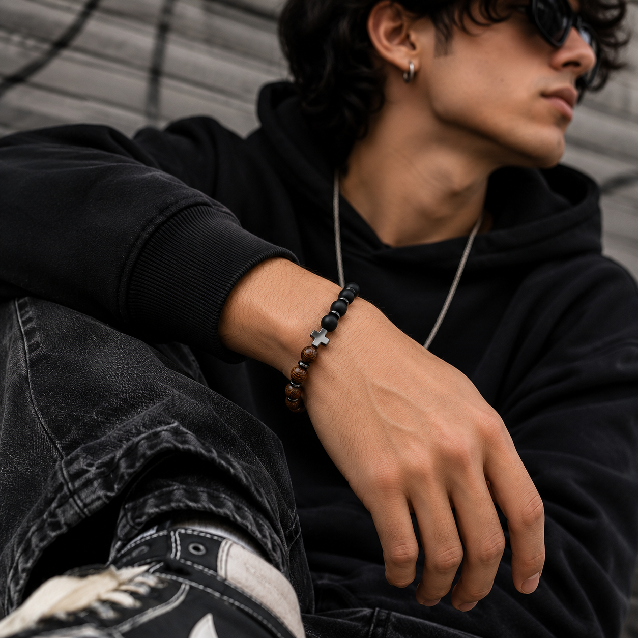 Guardian Cross Wooden & Matte Black Bead Bracelet for Men