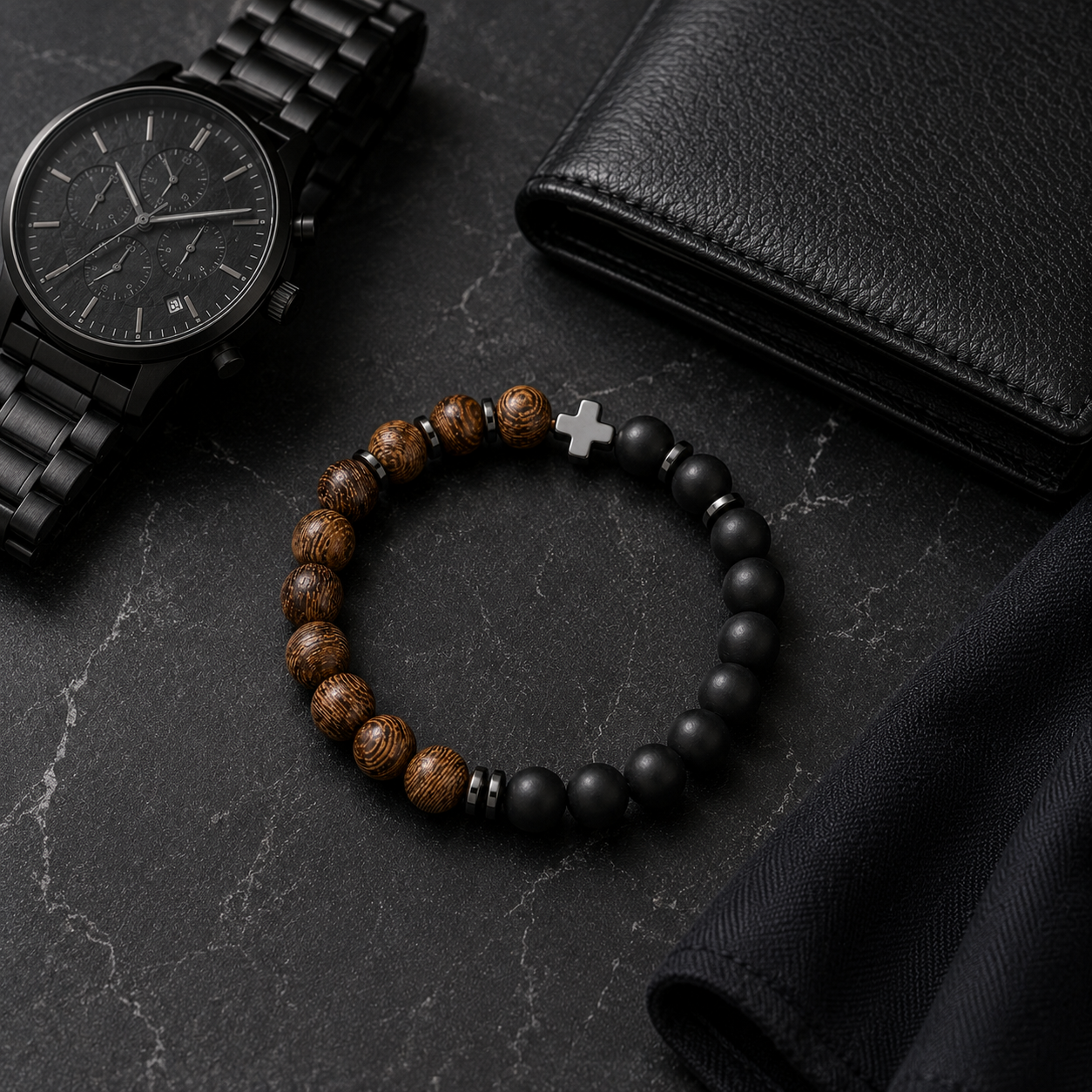 Guardian Cross Wooden & Matte Black Bead Bracelet for Men