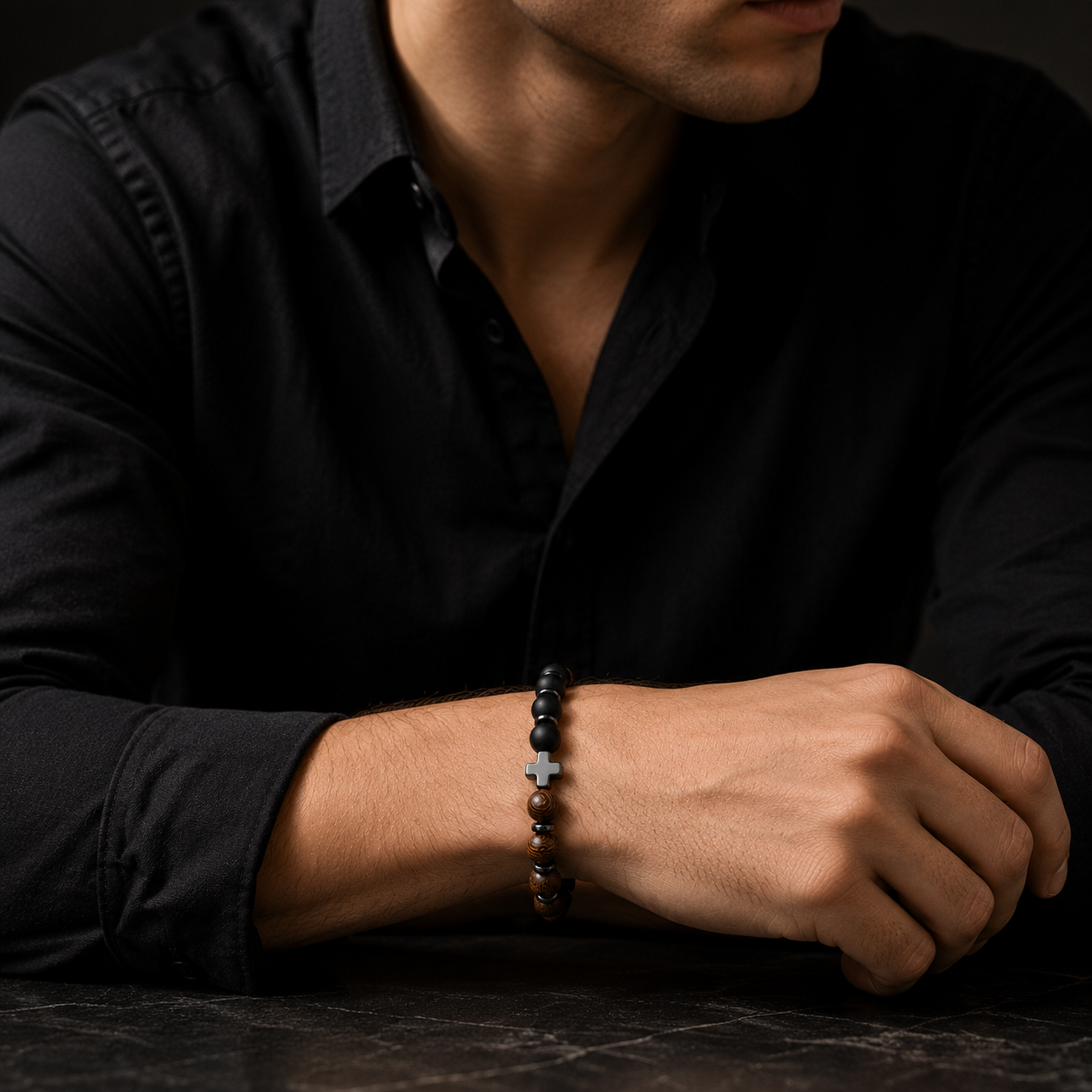 Guardian Cross Wooden & Matte Black Bead Bracelet for Men