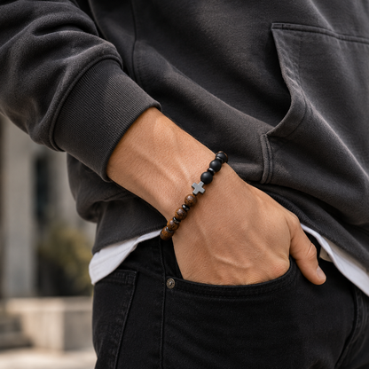 Guardian Cross Wooden & Matte Black Bead Bracelet for Men