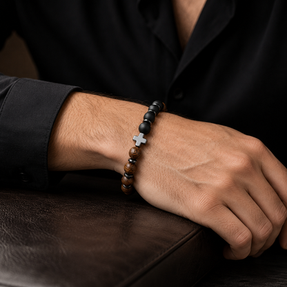 Guardian Cross Wooden & Matte Black Bead Bracelet for Men