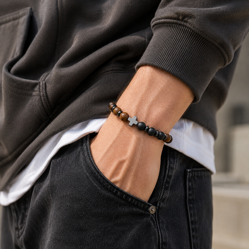 Guardian Cross Wooden & Matte Black Bead Bracelet for Men