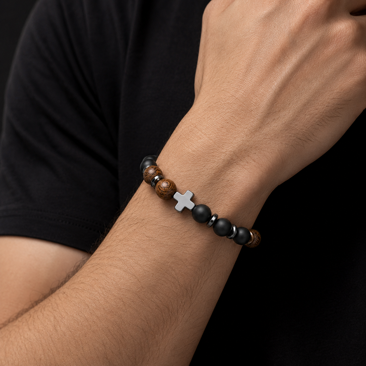 Guardian Cross Wooden & Matte Black Bead Bracelet for Men