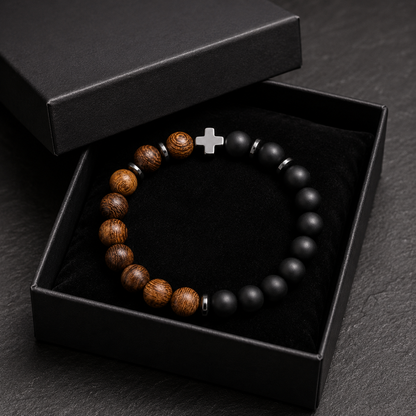 Guardian Cross Wooden & Matte Black Bead Bracelet for Men