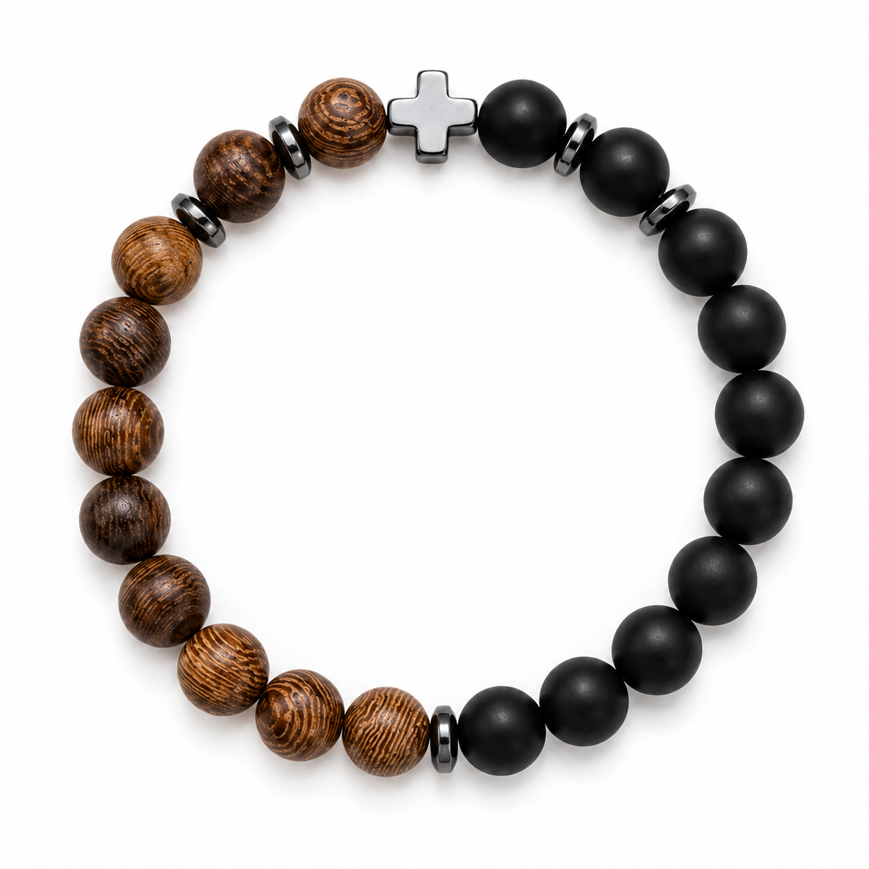 Guardian Cross Wooden & Matte Black Bead Bracelet for Men