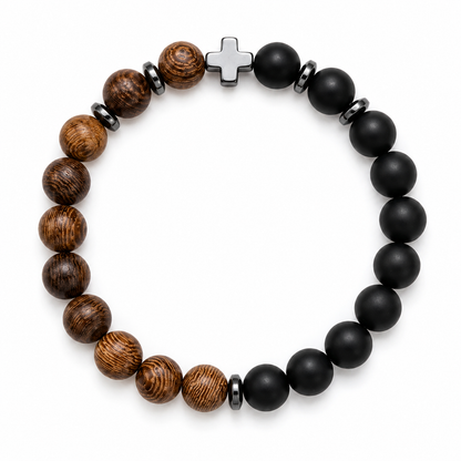 Guardian Cross Wooden & Matte Black Bead Bracelet for Men