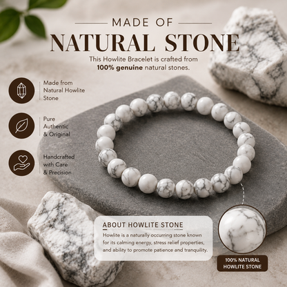 Natural Howlite Stone Bracelet | Genuine White Crystal Beaded Bracelet