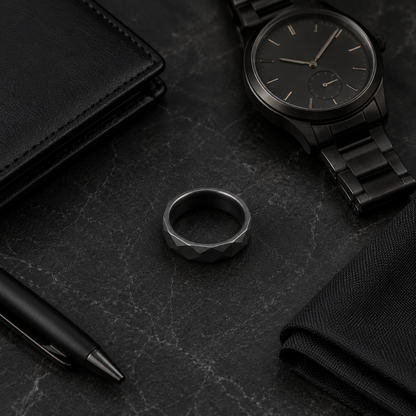 Faceted Black Tungsten Carbide Ring for Men