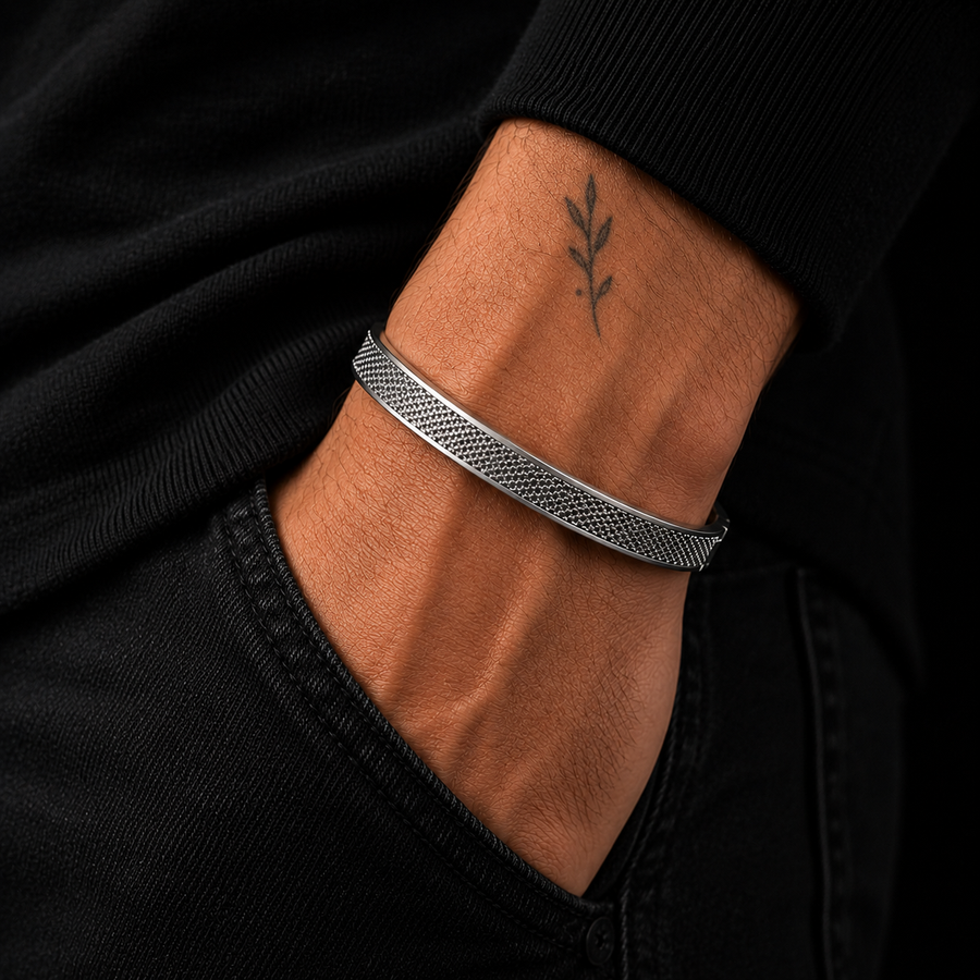 Textured Steel Cuff Bracelet – Silver Finish (Unisex)