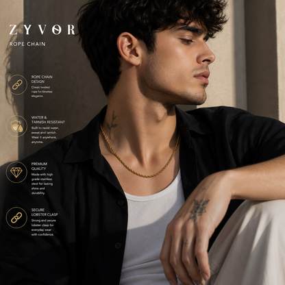 Premium Gold Rope Chain Necklace for Men | Stainless Steel | Non-Tarnish