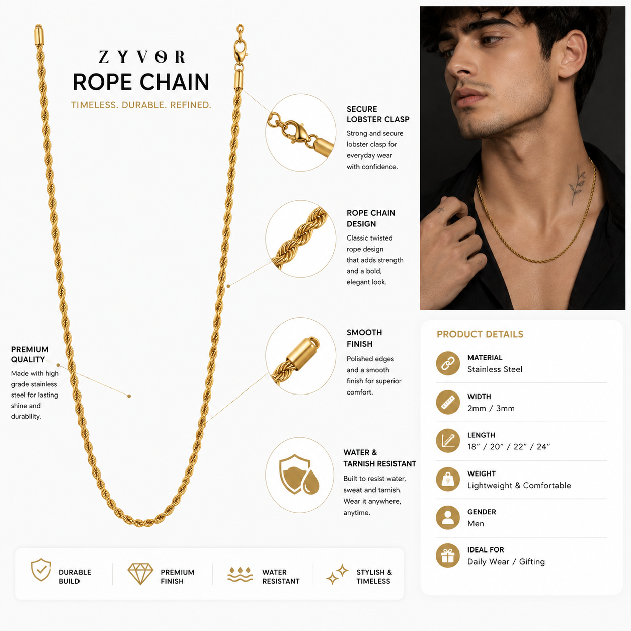 Premium Gold Rope Chain Necklace for Men | Stainless Steel | Non-Tarnish