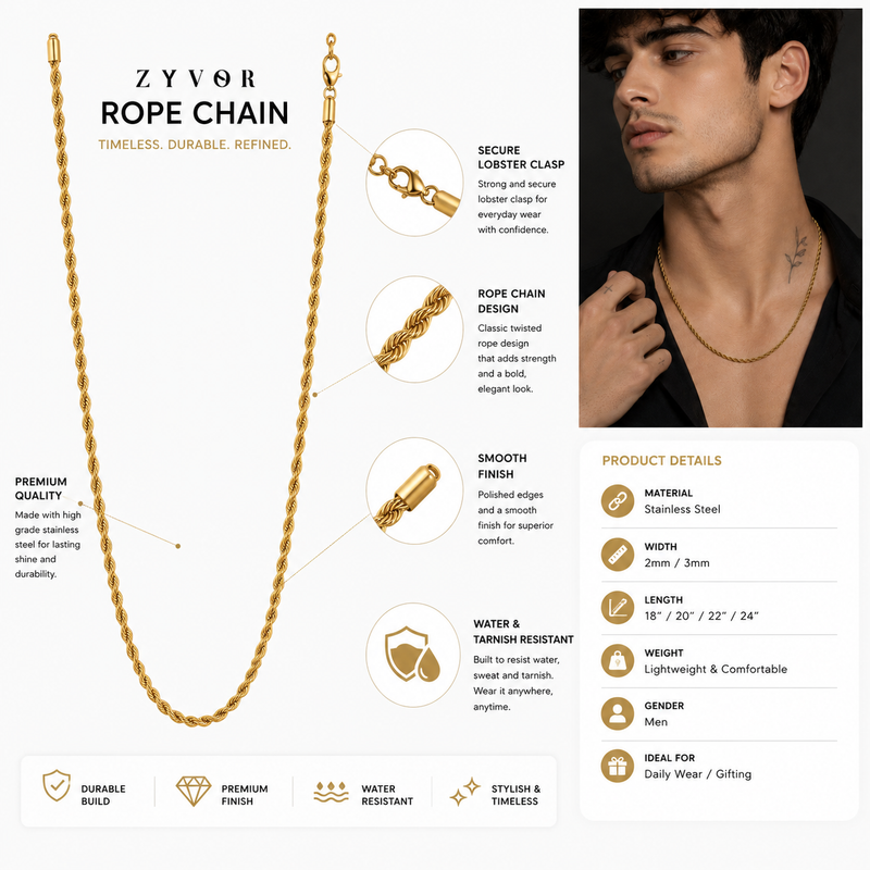 Premium Gold Rope Chain Necklace for Men | Stainless Steel | Non-Tarnish
