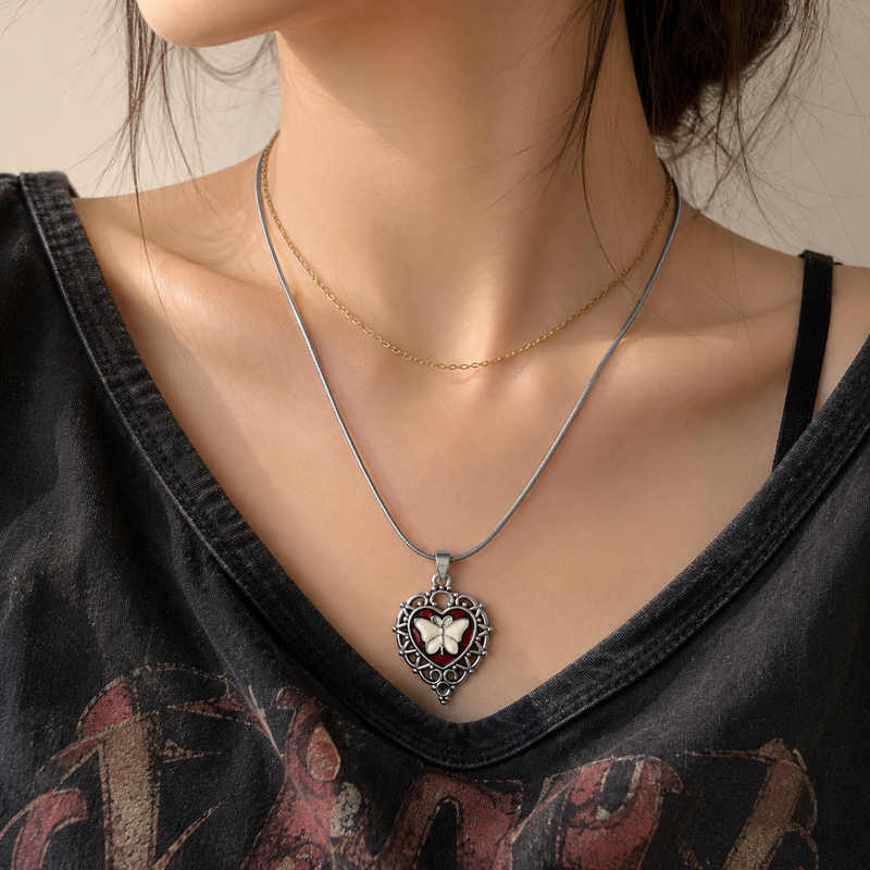 Butterfly Heart Pendant Necklace for Women