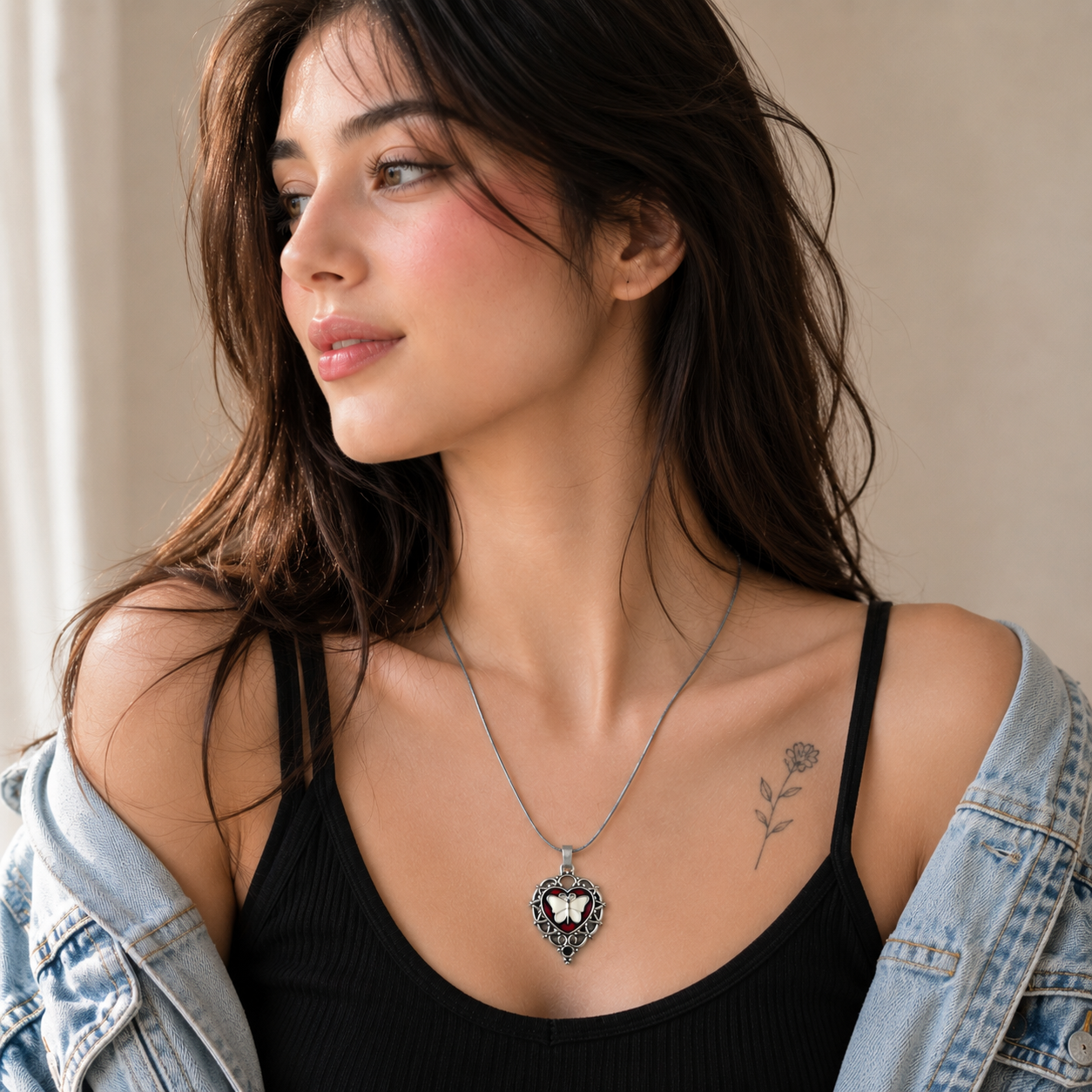Butterfly Heart Pendant Necklace for Women