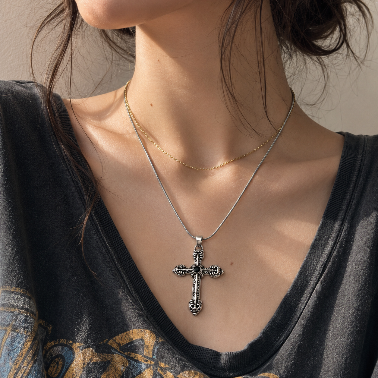 Vintage Gothic Cross Pendant Necklace for Women