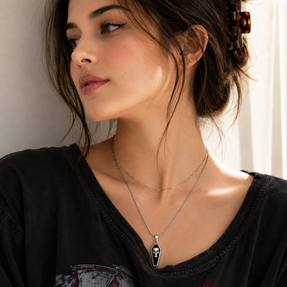 Gothic Skull Coffin Stainless Steel Pendant Necklace for Women