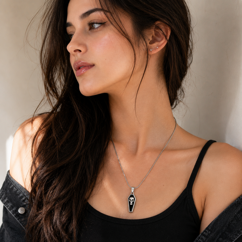 Gothic Skull Coffin Stainless Steel Pendant Necklace for Women