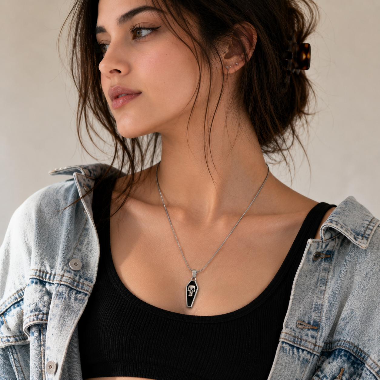 Gothic Skull Coffin Stainless Steel Pendant Necklace for Women