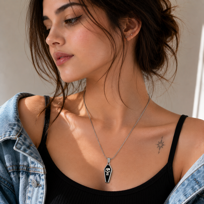 Gothic Skull Coffin Stainless Steel Pendant Necklace for Women
