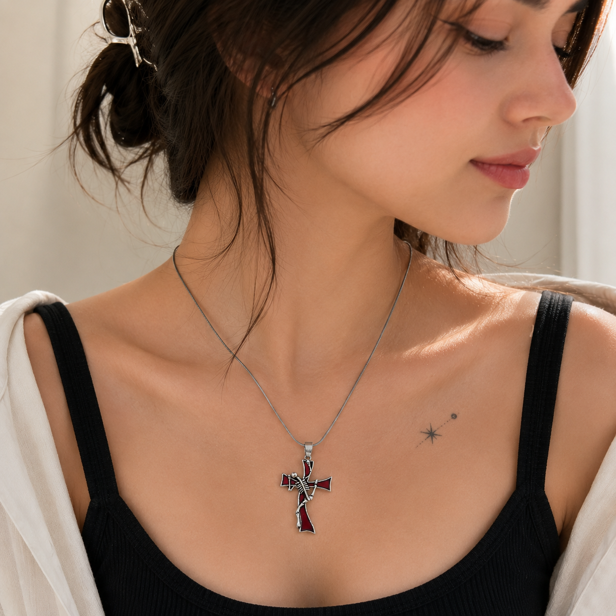 🖤 Gothic Skeleton Cross Pendant Necklace for Women