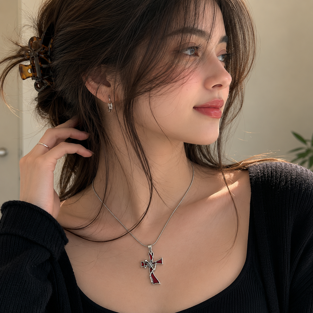 🖤 Gothic Skeleton Cross Pendant Necklace for Women