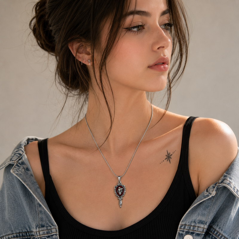 🪞 Gothic Skull Mirror Pendant Necklace for Women