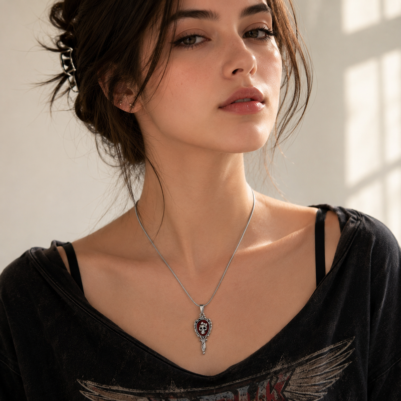 🪞 Gothic Skull Mirror Pendant Necklace for Women