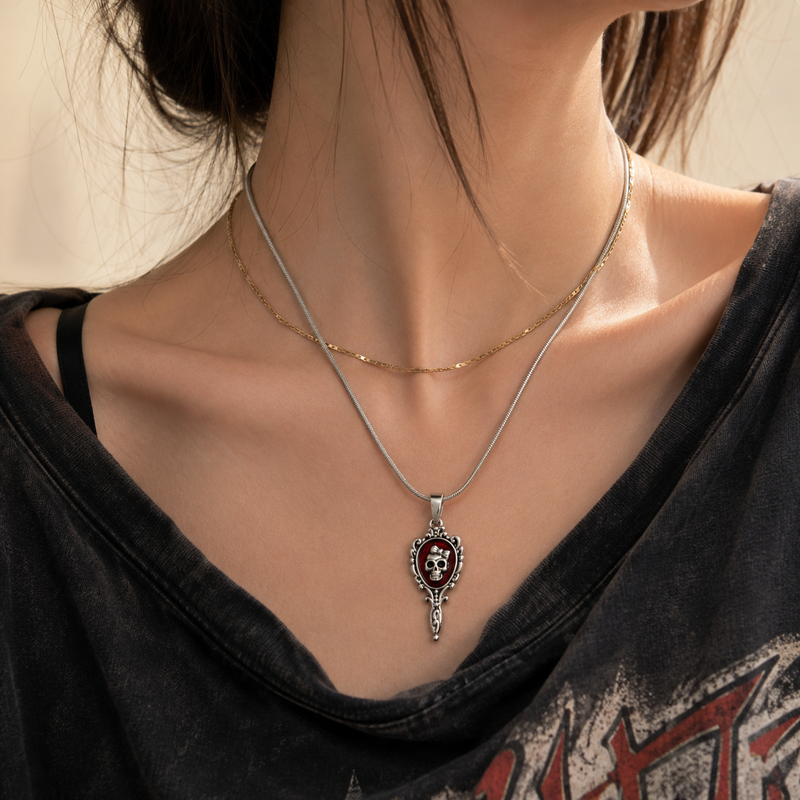🪞 Gothic Skull Mirror Pendant Necklace for Women