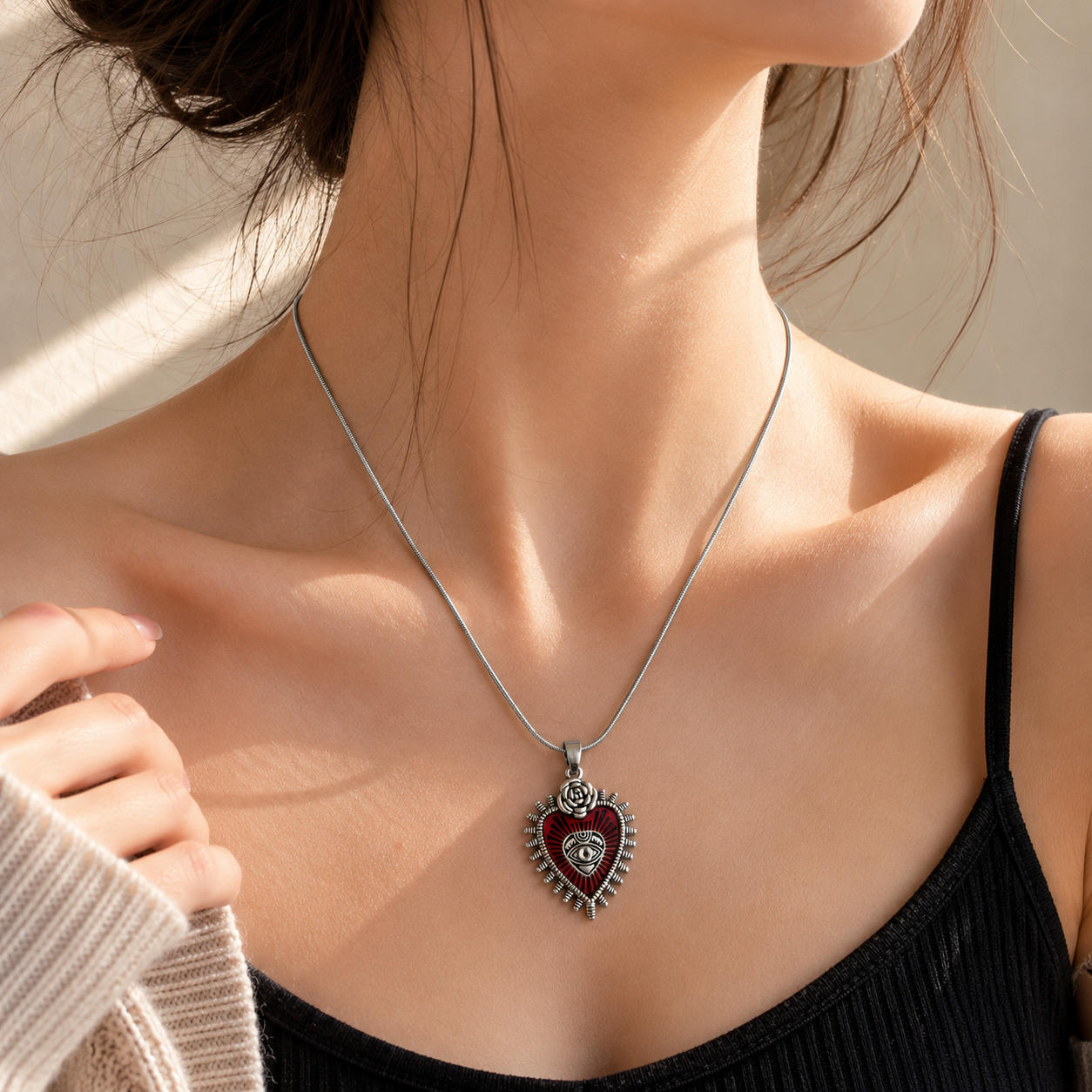 Sacred Heart Evil Eye Pendant Necklace for Women