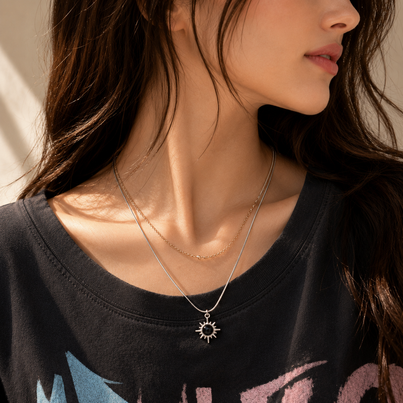 ☀️ Sunburst Black Stone Pendant Necklace for Women