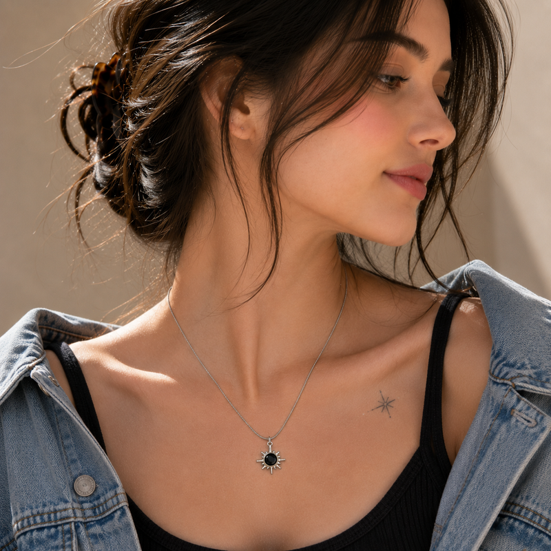 ☀️ Sunburst Black Stone Pendant Necklace for Women
