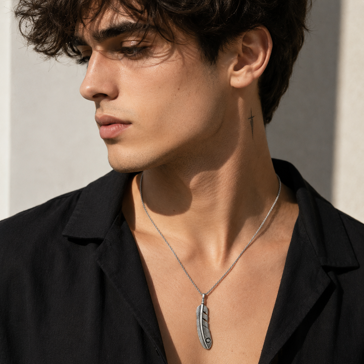 Men's Stainless Steel Feather Pendant Necklace