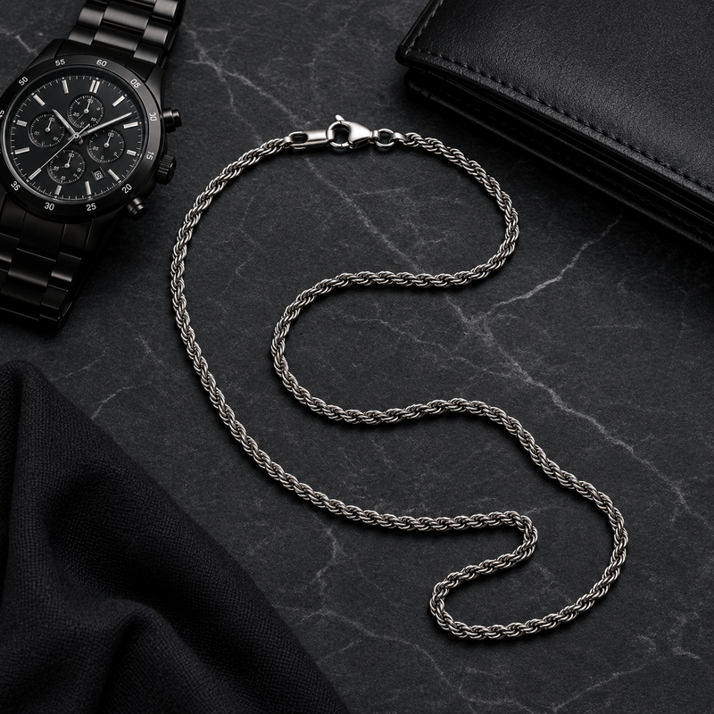 Stainless Steel Rope Chain Necklace for Men – Silver Twisted Link Chain