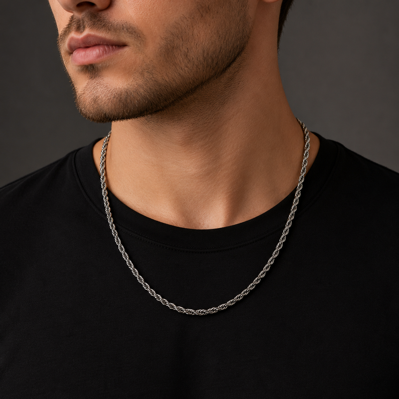 Stainless Steel Rope Chain Necklace for Men – Silver Twisted Link Chain
