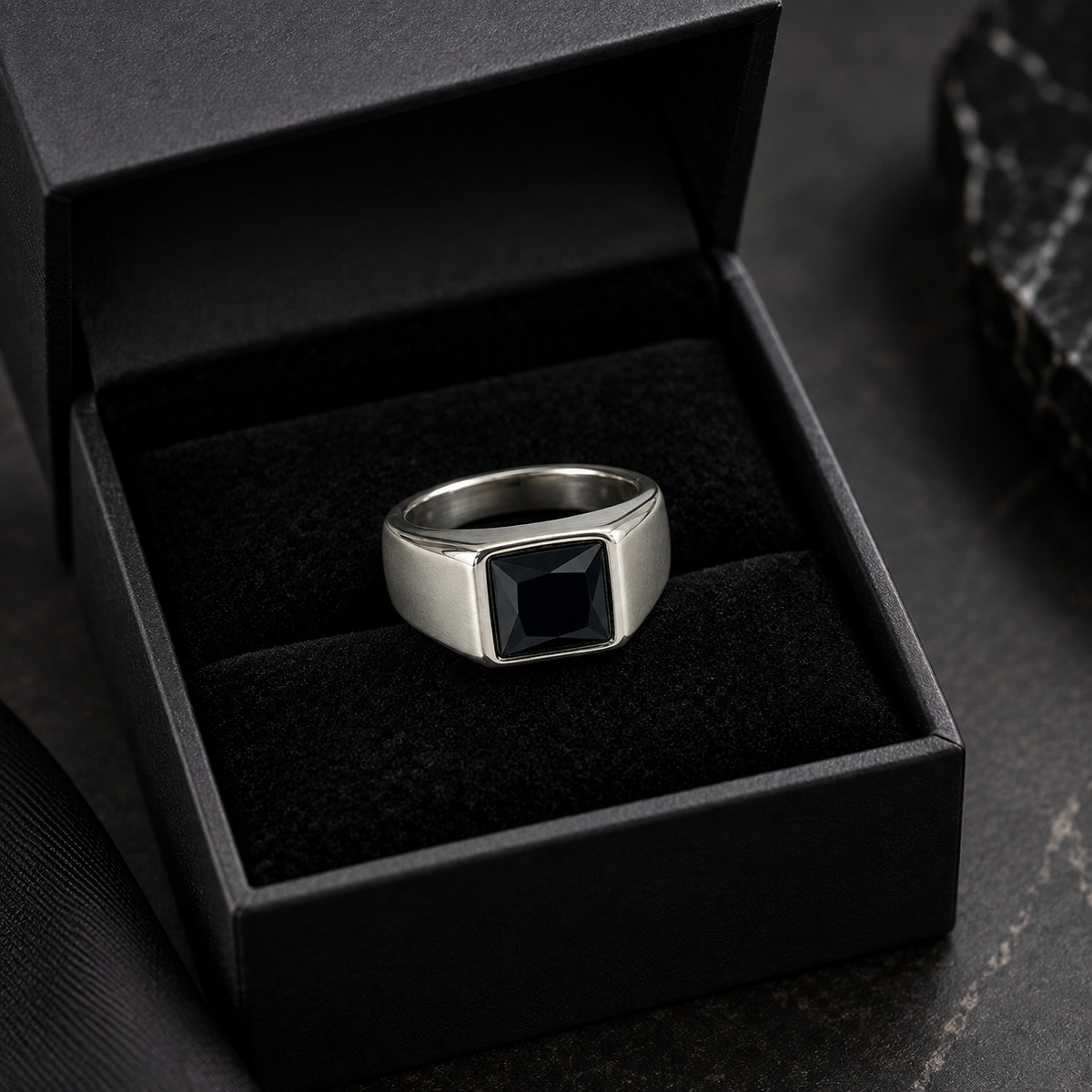 Midnight Onyx 925 Silver Stainless Steel Signet Ring