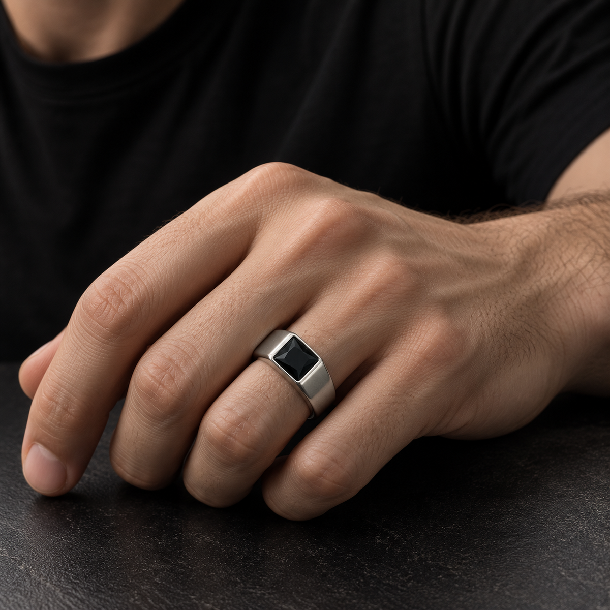 Midnight Onyx 925 Silver Stainless Steel Signet Ring
