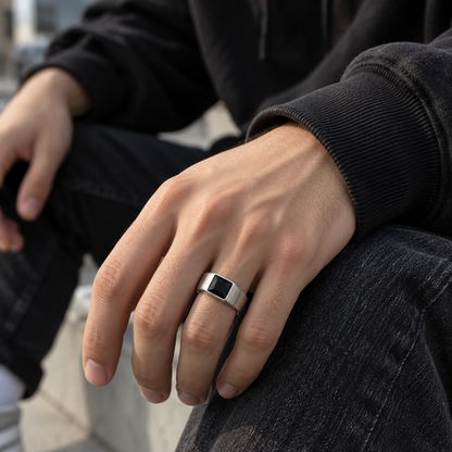 Midnight Onyx 925 Silver Stainless Steel Signet Ring