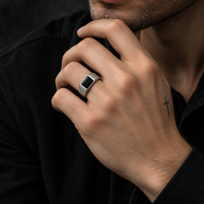 Midnight Onyx 925 Silver Stainless Steel Signet Ring