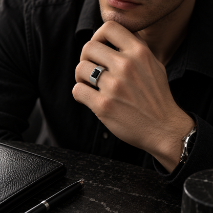 Midnight Onyx 925 Silver Stainless Steel Signet Ring