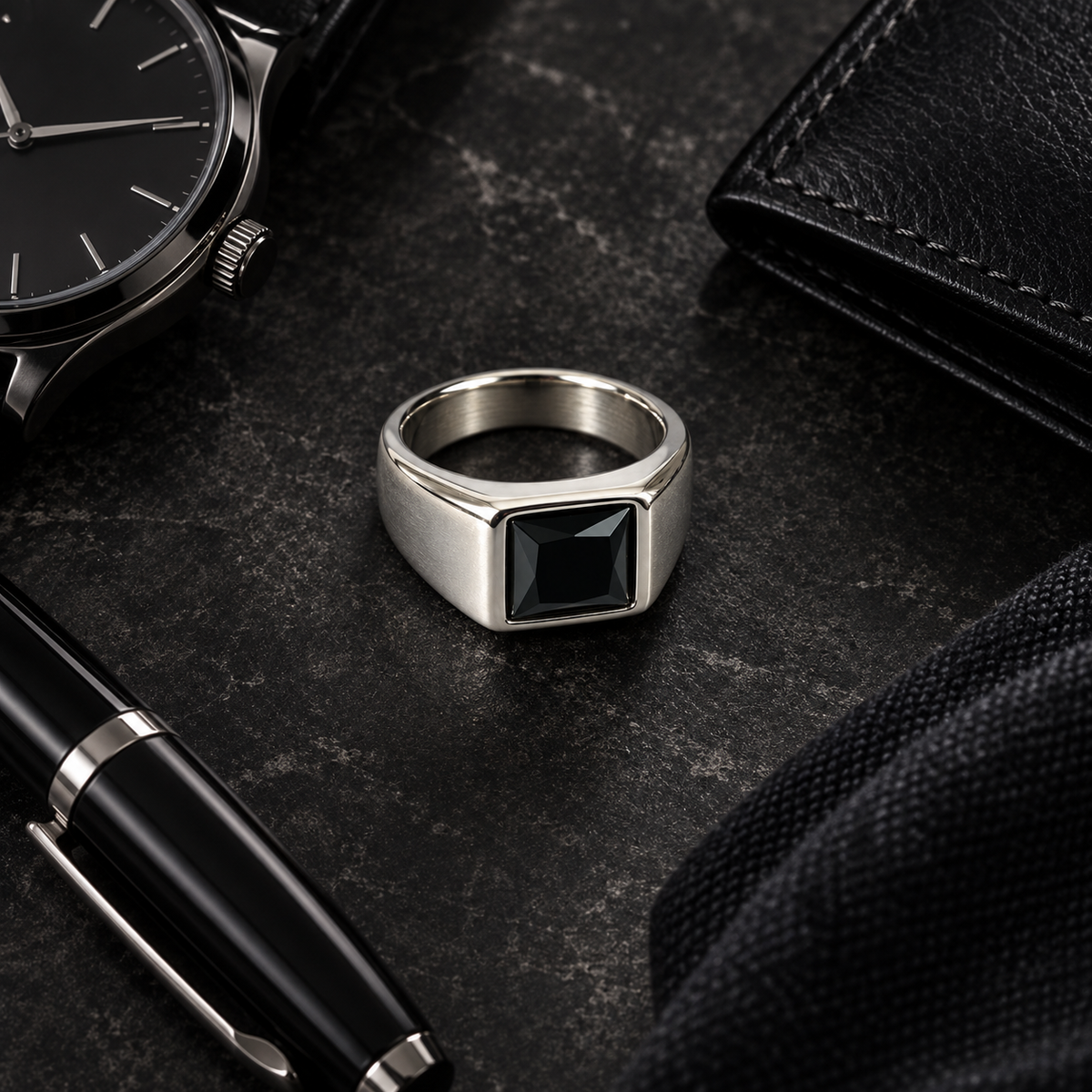 Midnight Onyx 925 Silver Stainless Steel Signet Ring